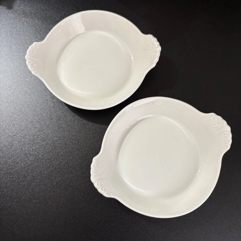 Apilco France White Porcelain‎ Au Gratin Dishes Set of 2 Scalloped Handles 4.5